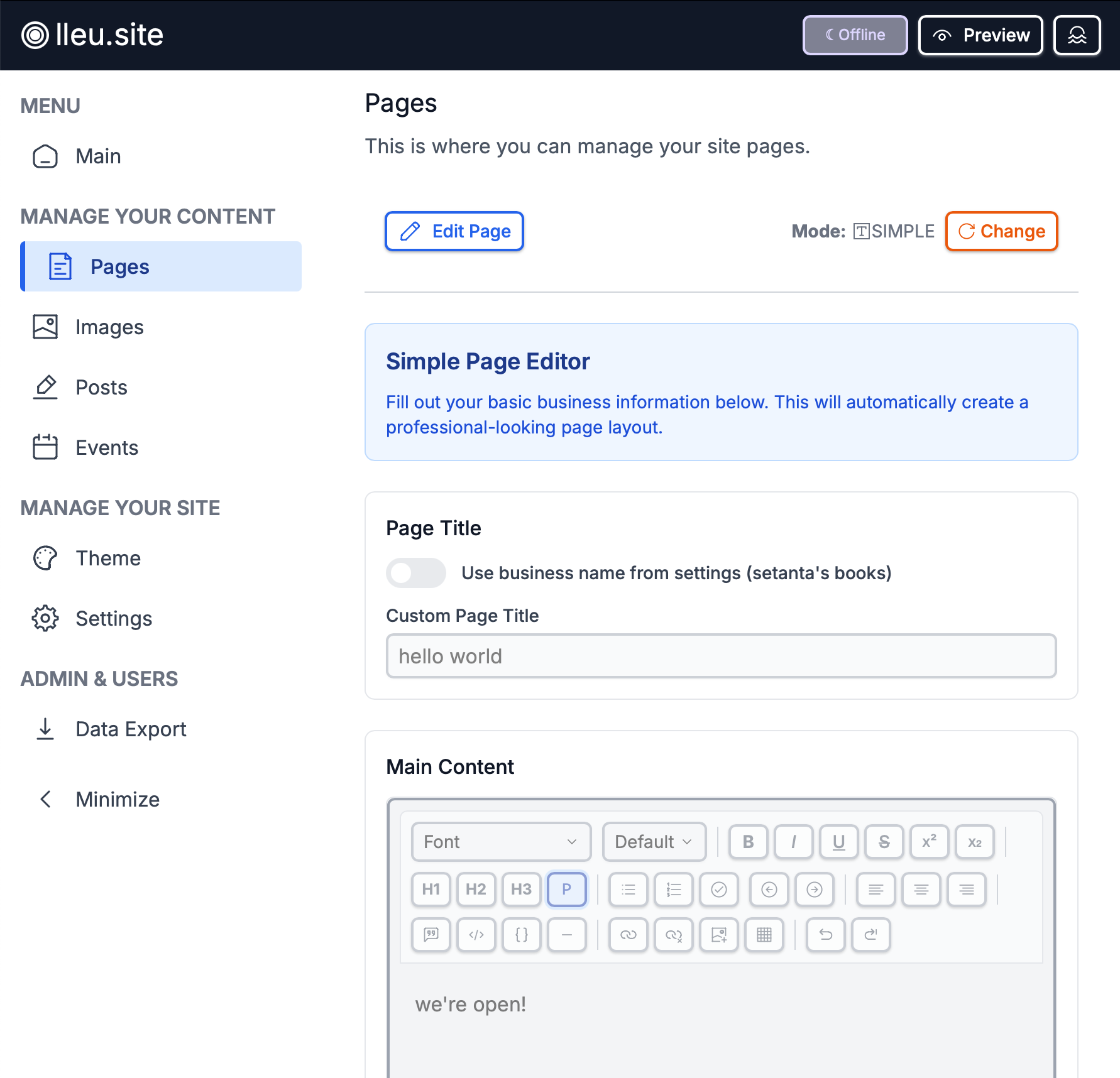filling your web page with content (simple editor)